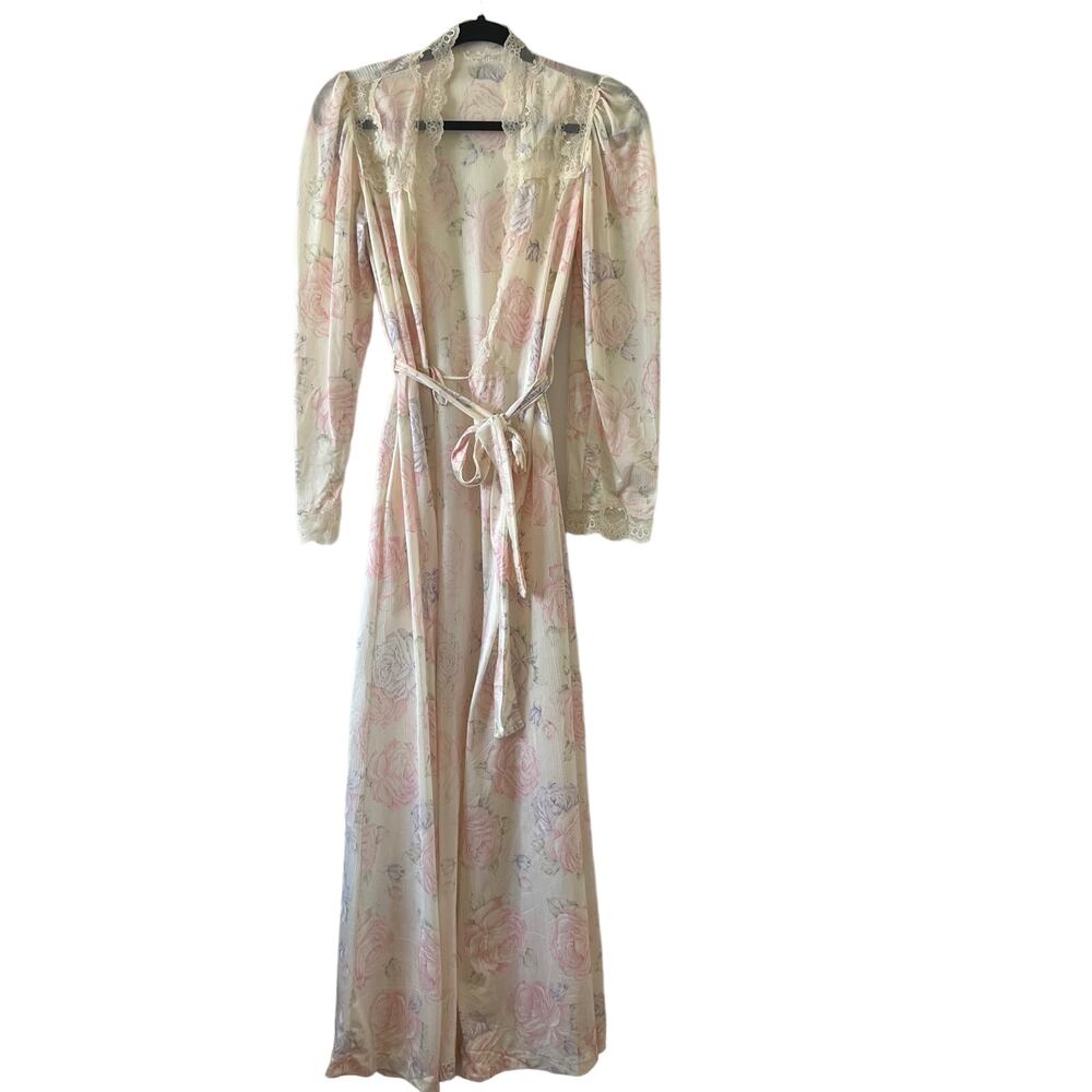 Vintage Barad & Co Pastel Pink Floral Lace Full Length Robe Womens Small